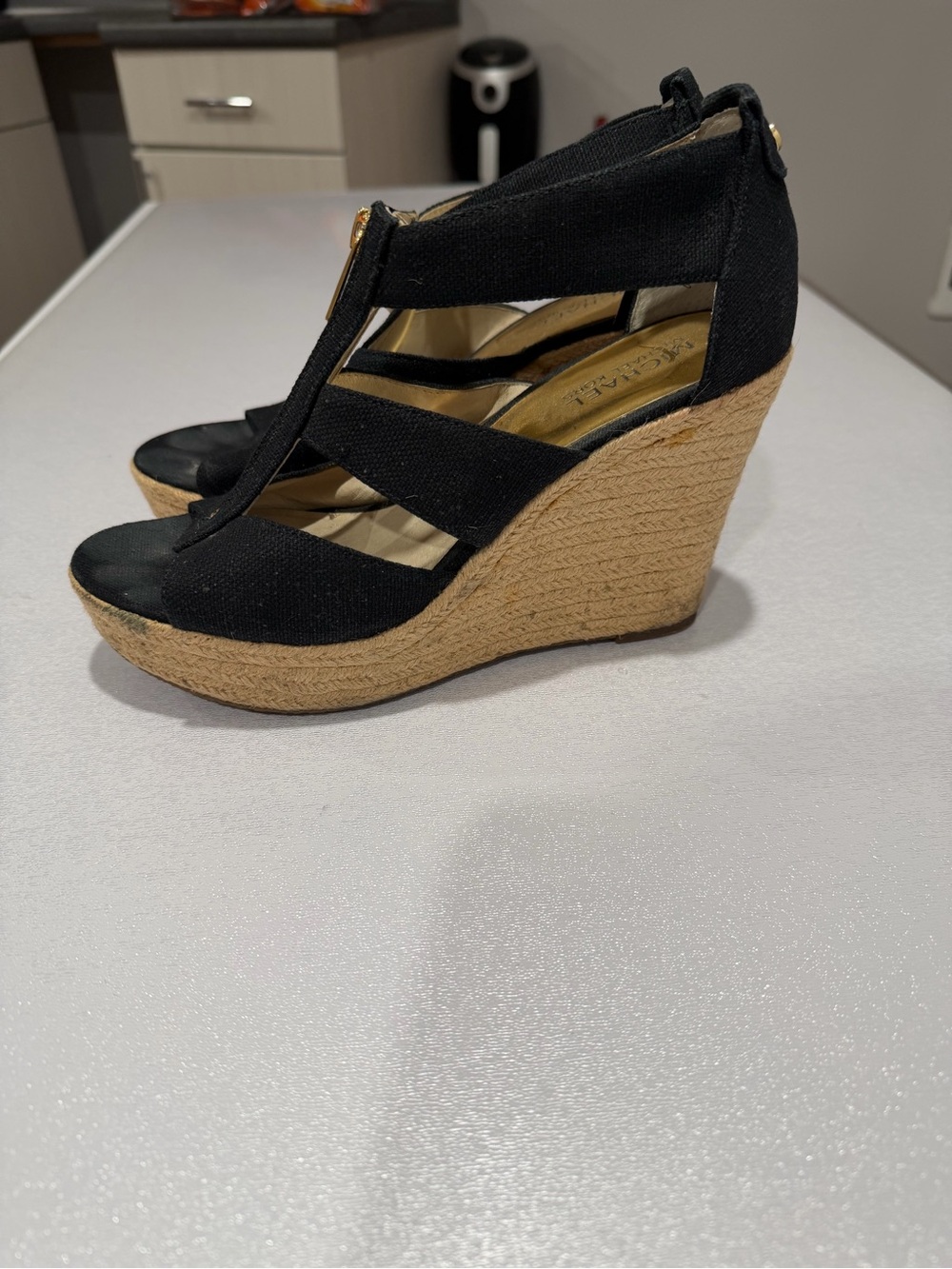 Michael Kors Black Wedge Sandals with Gold Zipper Detail - Picture 2 of 7